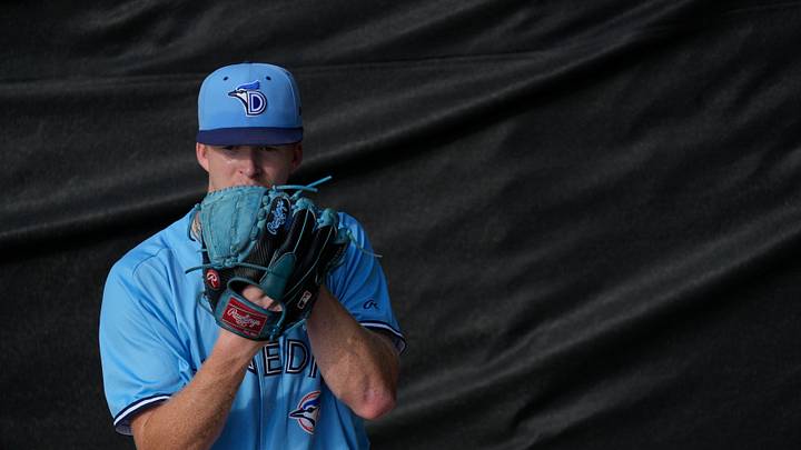 Johnny King, a pitcher for the Dunedin Blue Jays pitched against the Fort Myers Mighty Mussels at Hammond Stadium on Saturday, Aug. 2, 2025. King is a Naples High School alum and two time baseball player of the year.