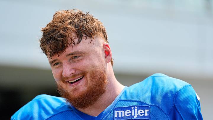 Detroit Lions offensive lineman Ben Bartch (78) speaks to media members after practice during training camp at Meijer Performance Center in Allen Park on Monday, August 10, 2026.