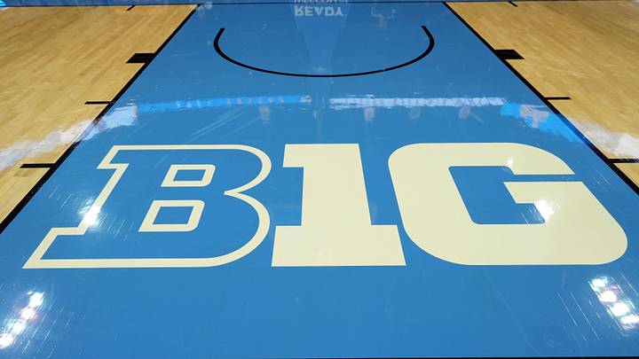 Nov 15, 2024; Los Angeles, California, USA; The Big Ten conference logo on the court at Pauley Pavilion presented by Wescom. Mandatory Credit: Kirby Lee-Imagn Images Nov 15, 2024; Los Angeles, California, USA; The Big Ten conference logo on the court at Pauley Pavilion presented by Wescom. Mandatory Credit: Kirby Lee-Imagn Images