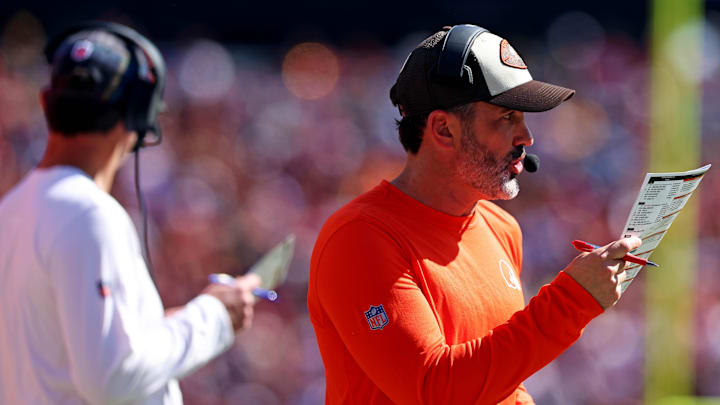 Oct 6, 2024; Landover, Maryland, USA; Cleveland Browns head coach Kevin Stefanski calls a play during the first quarter against the Washington Commanders at NorthWest Stadium.