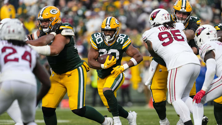 Oct 13, 2024; Green Bay, Wisconsin, USA;  Green Bay Packers running back Chris Brooks (30) during the game against the Arizona Cardinals at Lambeau Field.