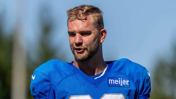 Aug 3, 2026; Allen Park, MI, USA;  Detroit Lions tight end Thomas Gordon (82) walks off the field following Detroit Lions training camp. Mandatory Credit: Paul Barnick-Imagn Images