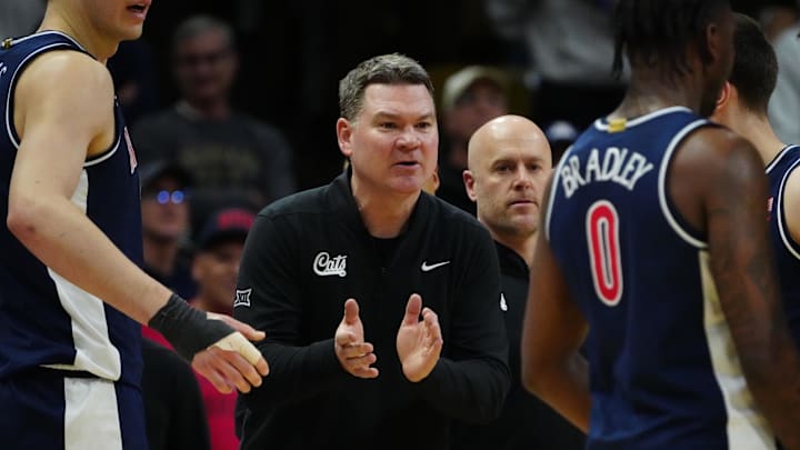 Mar 7, 2026; Boulder, Colorado, USA; Arizona Wildcats head coach Tommy Lloyd reacts in the second half against the Colorado Buffaloes at the CU Events Center.