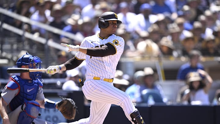 Aug 7, 2023; San Diego, California, USA; San Diego Padres left fielder Juan Soto (22) hits a single
