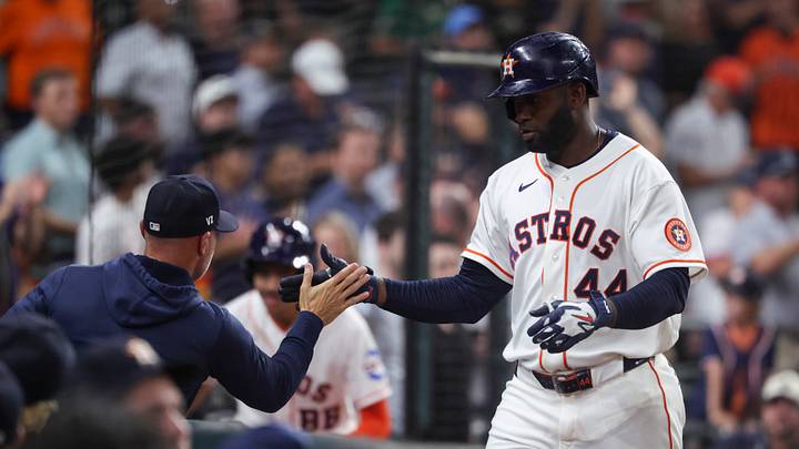 Houston Astros left fielder Yordan Alvarez (44) celebrates with manager Joe Espada. Mandatory Credit: Troy Taormina-Imagn Images Houston Astros left fielder Yordan Alvarez (44) celebrates with manager Joe Espada. Mandatory Credit: Troy Taormina-Imagn Images