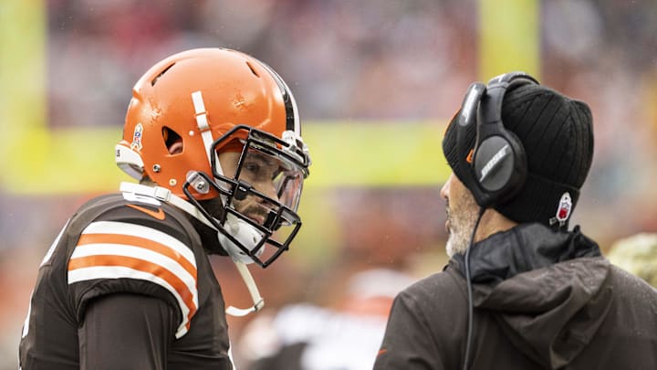 Nov 21, 2021; Cleveland, Ohio, USA; Cleveland Browns quarterback Baker Mayfield (6) talks with head coach Kevin Stefanski during the first quarter against the Detroit Lions at FirstEnergy Stadium. Mandatory Credit: Scott Galvin-Imagn Images
