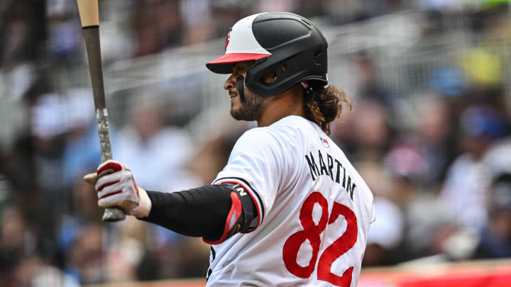 Minnesota Twins left fielder Austin Martin (82) looks on from the batters box during the game against the Boston Red Sox at Target Field in Minneapolis on May 4, 2024. 