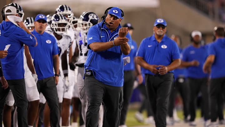 Kalani Sitake calls out form the sideline as the Cougars battle SMU.