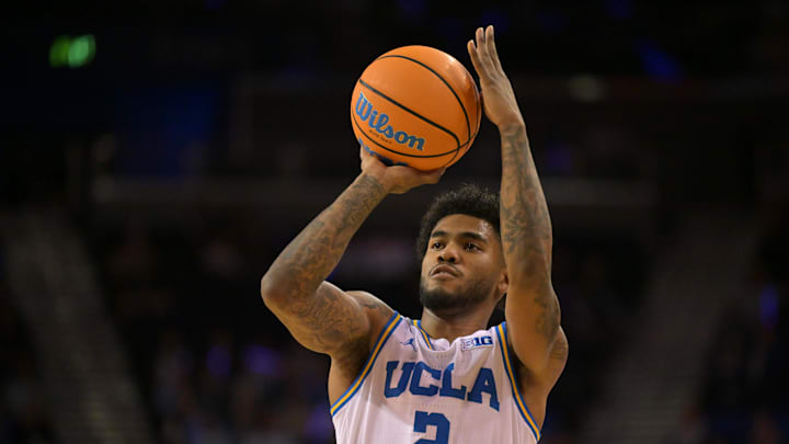 Feb 7, 2026; Los Angeles, California, USA; UCLA Bruins guard Donovan Dent (2) shoots the ball in the first half against the Washington Huskies at Pauley Pavilion presented by Wescom Financial. Mandatory Credit: Jayne Kamin-Oncea-Imagn Images Feb 7, 2026; Los Angeles, California, USA; UCLA Bruins guard Donovan Dent (2) shoots the ball in the first half against the Washington Huskies at Pauley Pavilion presented by Wescom Financial. Mandatory Credit: Jayne Kamin-Oncea-Imagn Images