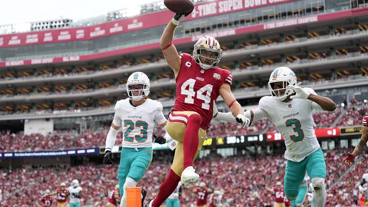 San Francisco 49ers fullback Kyle Juszczyk (44) scores a touchdown against Miami Dolphins cornerback Chris Johnson (3) during the third quarter against the Miami Dolphins at Levi's Stadium. San Francisco 49ers fullback Kyle Juszczyk (44) scores a touchdown against Miami Dolphins cornerback Chris Johnson (3) during the third quarter against the Miami Dolphins at Levi's Stadium.