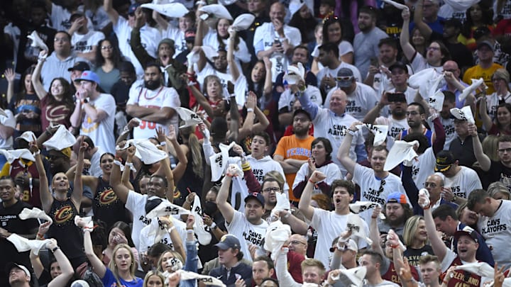 Apr 15, 2023; Cleveland, Ohio, USA; Fans cheer in the fourth quarter of game one of the 2023 NBA playoffs between the Cleveland Cavaliers and the New York Knicks at Rocket Mortgage FieldHouse. Mandatory Credit: David Richard-USA TODAY Sports