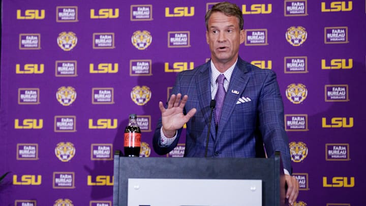 Dec 1, 2025; Baton Rouge, LA, USA; LSU new head coach Lane Kiffin speaks at South Stadium Club at Tiger Stadium. Mandatory Credit: Matthew Hinton-Imagn Images