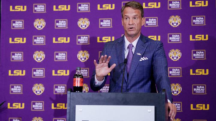 Dec 1, 2025; Baton Rouge, LA, USA; LSU new head coach Lane Kiffin speaks at South Stadium Club at Tiger Stadium. Mandatory Credit: Matthew Hinton-Imagn Images