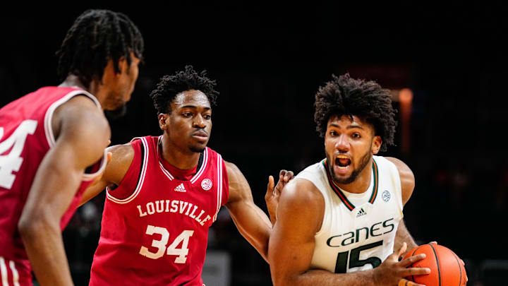 Feb 11, 2023; Coral Gables, Florida, USA; Miami (Fl) Hurricanes forward Norchad Omier (15) dribbles