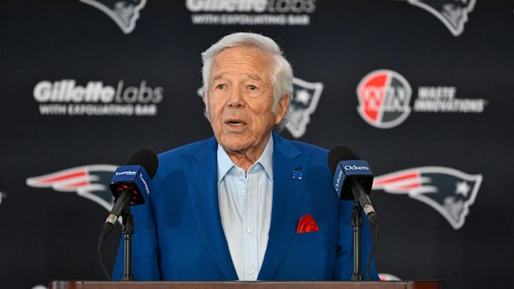 Jan 13, 2025; Foxborough, MA, USA; New England Patriots owner Robert Kraft introduces Mike Vrabel (not photographed) as the new head coach of the New England Patriots at Gillette Stadium. Mandatory Credit: Eric Canha-Imagn Images
