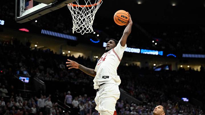 Mar 21, 2026; Portland, OR, USA; Arkansas Razorbacks forward Billy Richmond III (24) dunks against High Point Panthers guard Rob Martin (3) in the second half during a second round game of the men's 2026 NCAA Tournament at Moda Center. Mandatory Credit: Troy Wayrynen-Imagn Images Mar 21, 2026; Portland, OR, USA; Arkansas Razorbacks forward Billy Richmond III (24) dunks against High Point Panthers guard Rob Martin (3) in the second half during a second round game of the men's 2026 NCAA Tournament at Moda Center. Mandatory Credit: Troy Wayrynen-Imagn Images