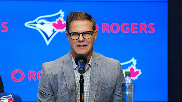 Toronto Blue Jays general manager Ross Atkins speaks to the media during the press conference room at Rogers Centre. Toronto Blue Jays general manager Ross Atkins speaks to the media during the press conference room at Rogers Centre.