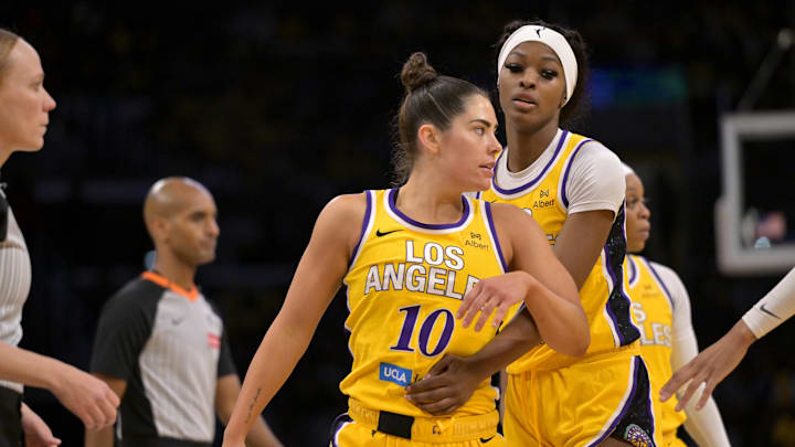 Jun 29, 2025; Los Angeles, California, USA; Los Angeles Sparks forward Rickea Jackson (2) holds back guard Kelsey Plum (10) after tempers flared in the second half against the Chicago Sky at Crypto.com Arena. Mandatory Credit: Jayne Kamin-Oncea-Imagn Images Jun 29, 2025; Los Angeles, California, USA; Los Angeles Sparks forward Rickea Jackson (2) holds back guard Kelsey Plum (10) after tempers flared in the second half against the Chicago Sky at Crypto.com Arena. Mandatory Credit: Jayne Kamin-Oncea-Imagn Images