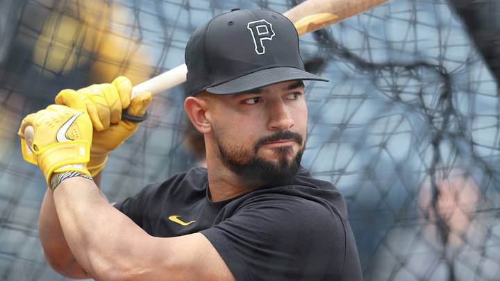 May 15, 2026; Pittsburgh, Pennsylvania, USA;  Pittsburgh Pirates third baseman Nick Gonzales (3) in the batting cage before the game against the Philadelphia Phillies at PNC Park. Mandatory Credit: Charles LeClaire-Imagn Images
