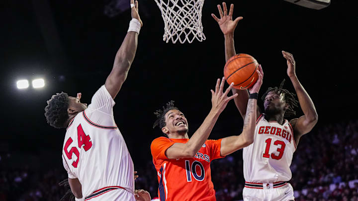 Feb 24, 2024; Athens, Georgia, USA; Auburn Tigers guard Chad Baker-Mazara (10) goes to the basket