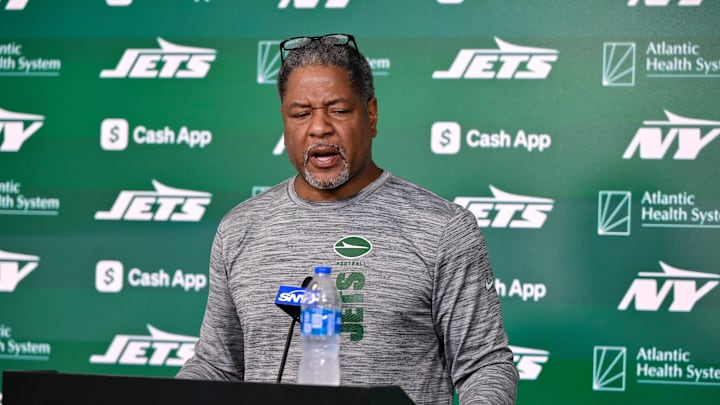 Jun 11, 2025; Florham Park, NY, USA; New York Jets defensive coordinator Steve Wilks speaks at a press conference during minicamp at Atlantic Health Jets Training Center. Mandatory Credit: John Jones-Imagn Images
