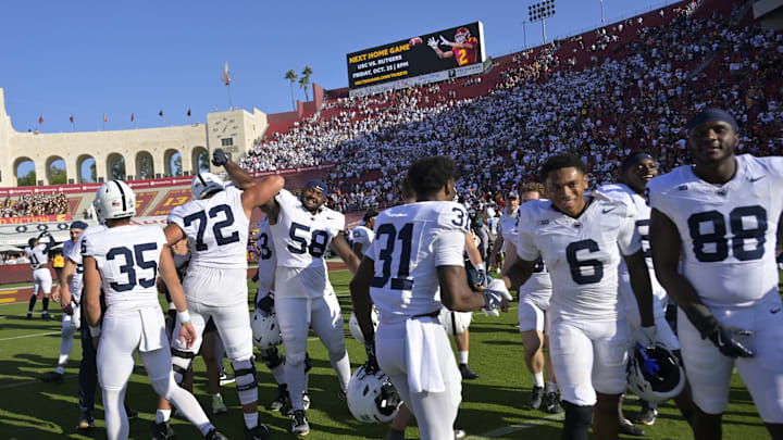 The Penn State Nittany Lions celebrate after defeating the USC Trojans in overtime at the Los Angeles Memorial Coliseum. Mandatory Credit. 