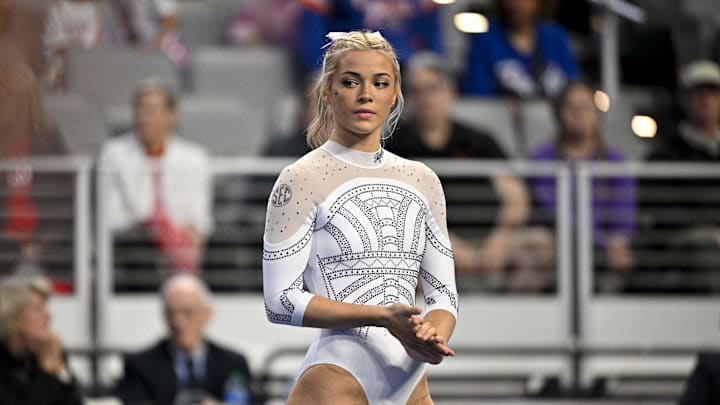 Apr 20, 2024: LSU Tigers gymnast Livvy Dunne warms up on floor before the start of the 2024 Women's National Gymnastics Championship. Apr 20, 2024: LSU Tigers gymnast Livvy Dunne warms up on floor before the start of the 2024 Women's National Gymnastics Championship.