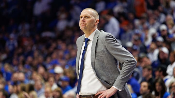 Mar 1, 2025; Lexington, Kentucky, USA; Kentucky Wildcats head coach Mark Pope looks on during the first half against the Auburn Tigers at Rupp Arena at Central Bank Center. Mandatory Credit: Jordan Prather-Imagn Images