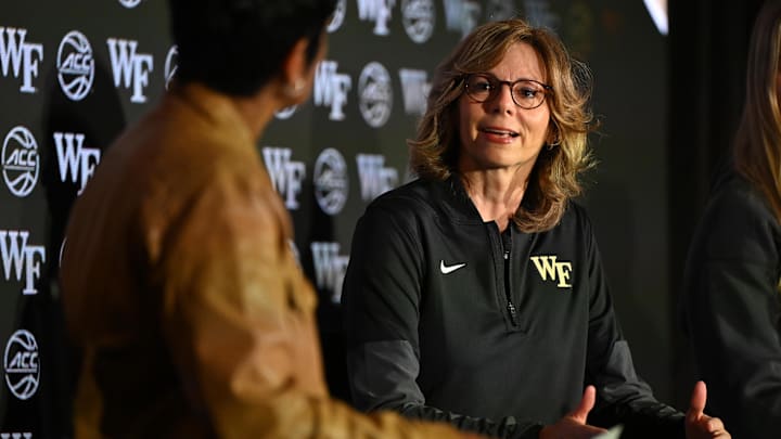 Oct 6, 2025; Charlotte, NC, USA; Wake Forest head coach Megan Gebbia answers questions from the media at The Hilton Charlotte Uptown. Mandatory Credit: William Howard-Imagn Images