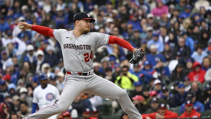 Mar 26, 2026; Chicago, Illinois, USA; Washington Nationals pitcher Cade Cavalli (24) throws against the Chicago Cubs during the first inning at Wrigley Field. Mandatory Credit: Matt Marton-Imagn Images