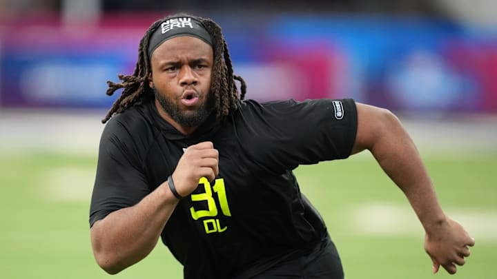 South Carolina defensive lineman TJ Sanders participates in drills during the NFL Combine at Lucas Oil Stadium.