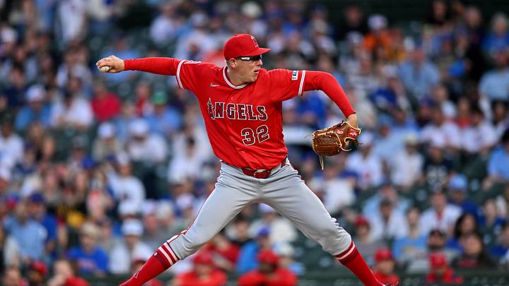 Mar 30, 2026; Chicago, Illinois, USA; Los Angeles Angels pitcher Ryan Johnson (32) pitches against the Chicago Cubs during the first inning at Wrigley Field. Mandatory Credit: Patrick Gorski-Imagn Images