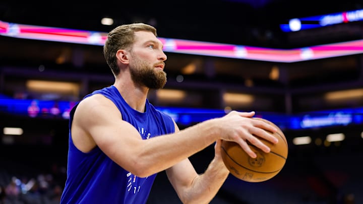 Feb 21, 2025; Sacramento, California, USA; Sacramento Kings forward Domantas Sabonis (11) warms up before the game against the  Golden State Warriors at Golden 1 Center. Mandatory Credit: Sergio Estrada-Imagn Images