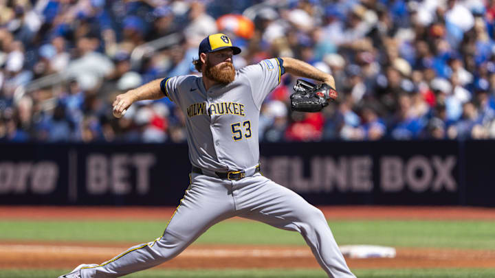 Aug 31, 2025; Toronto, Ontario, CAN; Milwaukee Brewers pitcher Brandon Woodruff (53) pitches to the Toronto Blue Jays the first inning at Rogers Centre. Mandatory Credit: Kevin Sousa-Imagn Images
