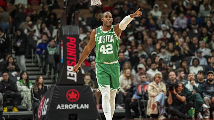 Boston Celtics center Al Horford reacts on the court during an October 15 game against the Toronto Raptors at Scotiabank Arena. 