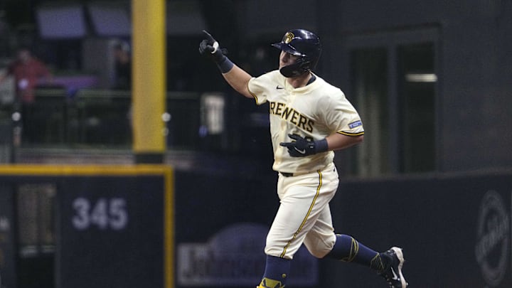 Jul 29, 2025; Milwaukee, Wisconsin, USA; Milwaukee Brewers first baseman Andrew Vaughn (28) rounds the bases after hitting a home run against the Chicago Cubs in the sixth inning at American Family Field. Mandatory Credit: Michael McLoone-Imagn Images