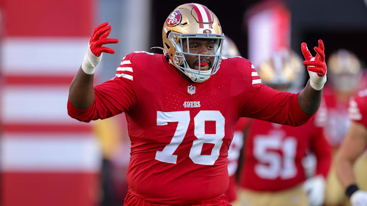 Aug 25, 2023; Santa Clara, California, USA; San Francisco 49ers offensive tackle Leroy Watson IV (78) during the game against the Los Angeles Chargers at Levi's Stadium. Mandatory Credit: Sergio Estrada-Imagn Images