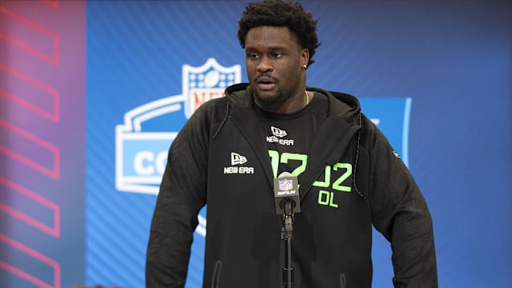 Mar 1, 2025; Indianapolis, IN, USA; North Carolina State University offensive lineman Anthony Belton (OL02) answers questions at a press conference during the 2025 NFL Combine at Indiana Convention Center. 