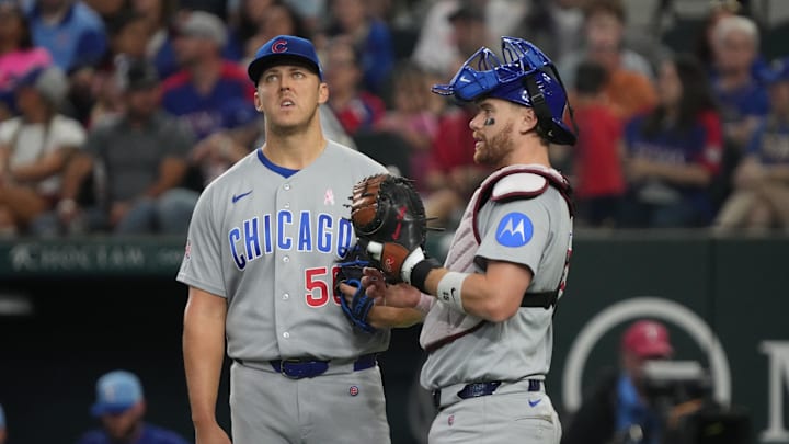 May 10, 2026; Arlington, Texas, USA;  Chicago Cubs pitcher Jameson Taillon (50) and catcher Carson Kelly (15) wait for a replay review during the fourth inning against the Texas Rangers at Globe Life Field. Mandatory Credit: Raymond Carlin III-Imagn Images