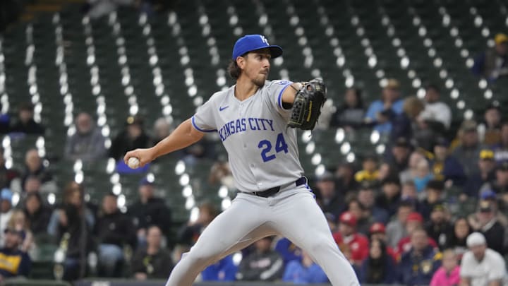 Apr 1, 2025; Milwaukee, Wisconsin, USA; Kansas City Royals pitcher Michael Lorenzen (24) delivers a pitch against the Milwaukee Brewers in the third inning at American Family Field. Mandatory Credit: Michael McLoone-Imagn Images