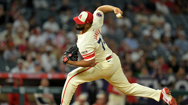 Sep 24, 2025; Anaheim, California, USA;  Los Angeles Angels relief pitcher Kenley Jansen (74) earns his 28th save of the season in the ninth inning against the Kansas City Royals at Angel Stadium. 