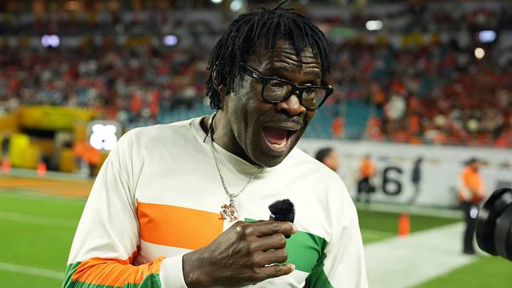 Miami Hurricanes former player Michael Irvin is interviewed on the sideline during halftime of the College Football Playoff National Championship game at Hard Rock Stadium. Mandatory Credit: Kirby Lee-Imagn Images Miami Hurricanes former player Michael Irvin is interviewed on the sideline during halftime of the College Football Playoff National Championship game at Hard Rock Stadium. Mandatory Credit: Kirby Lee-Imagn Images
