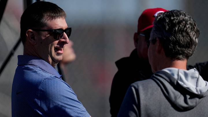 Cincinnati Reds president of baseball operations (left) talks with general manager Brad Meador at the Cincinnati Reds player development complex in Goodyear, Ariz., on Saturday, Feb. 14, 2026. Cincinnati Reds president of baseball operations (left) talks with general manager Brad Meador at the Cincinnati Reds player development complex in Goodyear, Ariz., on Saturday, Feb. 14, 2026.