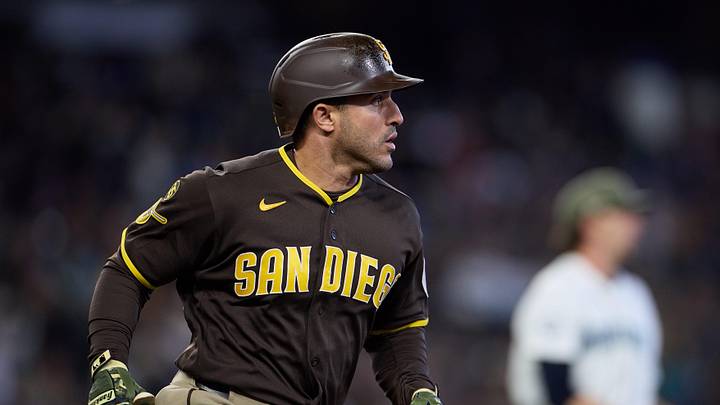 May 16, 2026; Seattle, Washington, USA; San Diego Padres left fielder Ramon Laureano (5) runs towards first base after hitting a double against the Seattle Mariners in the seventh inning at T-Mobile Park. Mandatory Credit: Richard Dizon-Imagn Images