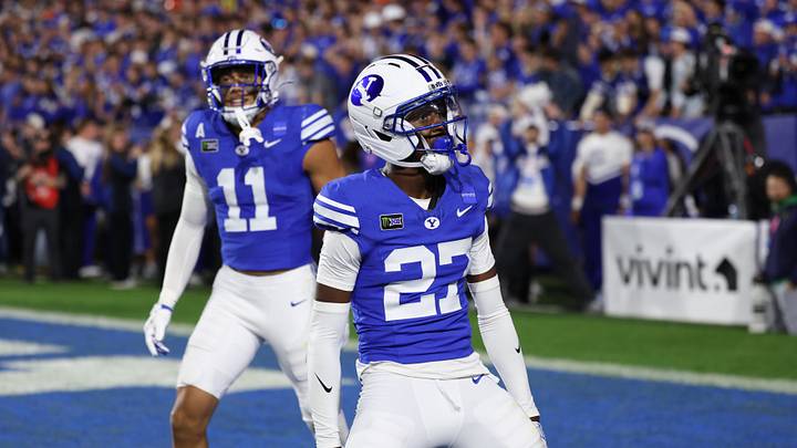 Oct 17, 2026; Provo, Utah, USA; Brigham Young Cougars safety Matthias Leach (27) reacts during the second half against the Notre Dame Fighting Irish at LaVell Edwards Stadium. Mandatory Credit: Rob Gray-Imagn Images Oct 17, 2026; Provo, Utah, USA; Brigham Young Cougars safety Matthias Leach (27) reacts during the second half against the Notre Dame Fighting Irish at LaVell Edwards Stadium. Mandatory Credit: Rob Gray-Imagn Images