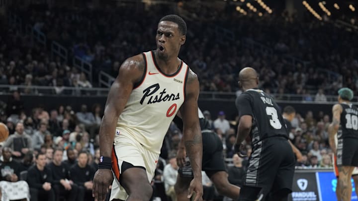 Feb 21, 2025; Austin, Texas, USA; Detroit Pistons center Jalen Duren (0) reacts after dunking during the second half against the San Antonio Spurs at Moody Center. Mandatory Credit: Scott Wachter-Imagn Images