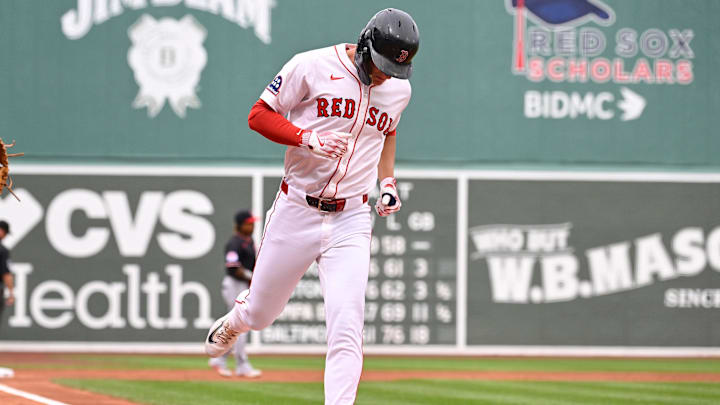 Sep 1, 2025; Boston, Massachusetts, USA; Boston Red Sox right fielder Roman Anthony (19) scores a run on a ball by Cleveland Guardians starting pitcher Parker Messick (77) (not pictured) during the first inning at Fenway Park. Mandatory Credit: Eric Canha-Imagn Images