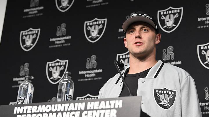 Apr 26, 2024; Henderson, NV, USA; Las Vegas Raiders tight end Brock Bowers speaks to the media at Intermountain Health Performance Center in Henderson, NV. Mandatory Credit: Candice Ward-USA TODAY Sports Apr 26, 2024; Henderson, NV, USA; Las Vegas Raiders tight end Brock Bowers speaks to the media at Intermountain Health Performance Center in Henderson, NV. Mandatory Credit: Candice Ward-USA TODAY Sports