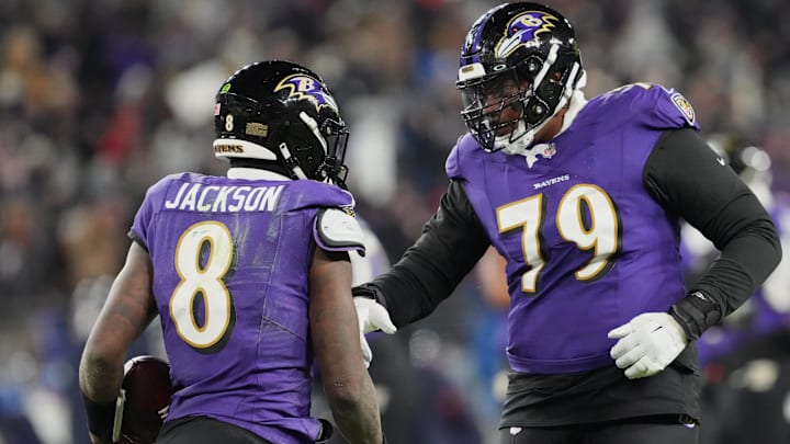 Jan 20, 2024; Baltimore, MD, USA; Baltimore Ravens quarterback Lamar Jackson (8) celebrates with
