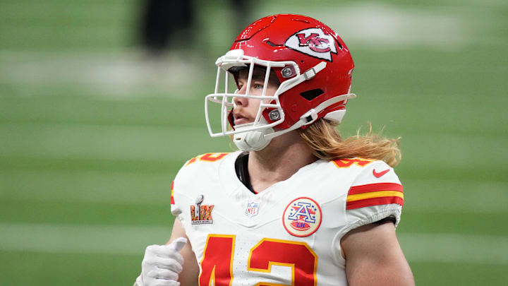 Feb 9, 2025; New Orleans, LA, USA; Kansas City Chiefs running back Carson Steele (42) practices before Super Bowl LIX against the Philadelphia Eagles at Caesars Superdome. Mandatory Credit: Kirby Lee-Imagn Images